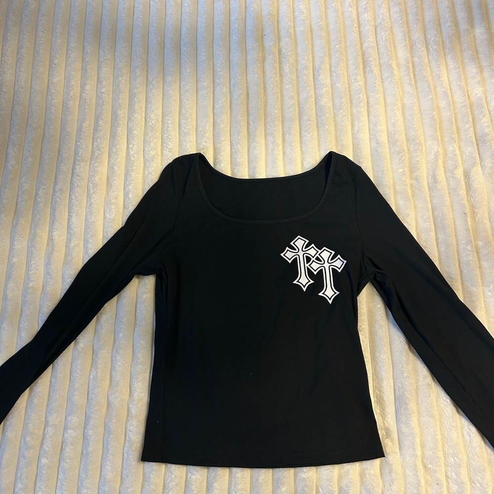 Black Long Sleeve Top with Cross Design